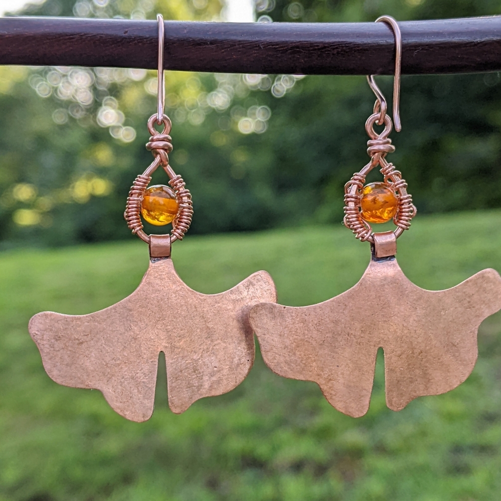 Artisan Copper Earrings-Baltic Amber Beads Enameled Floral Poppy Design - Picture 4 of 6